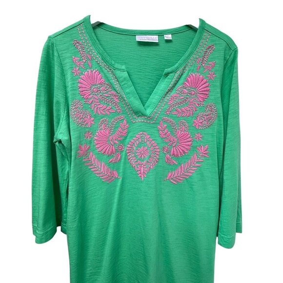 Kim Gravel Bellisima Top Medium Petite Green Pink Embroidery 3/4 Sleeve Tee - Picture 6 of 10